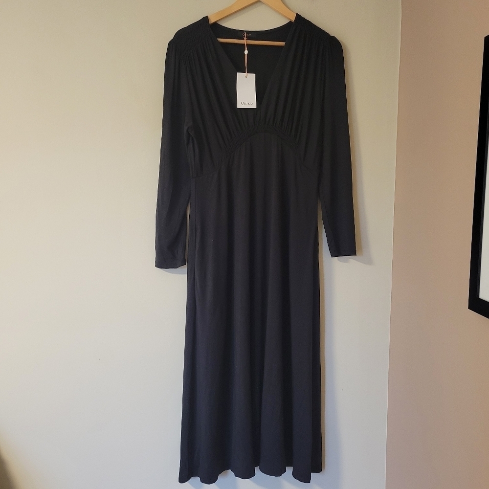 NWT Quince Tencel Jersey Knit Long Sleeve Midi Dress V-neck Black Size Medium